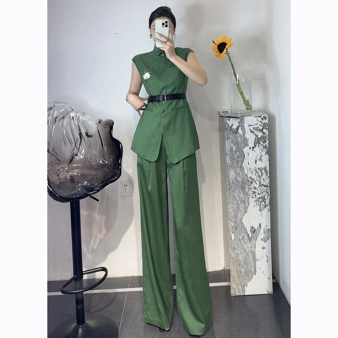 ZEROYK高级感职业套装夏季刺绣亚麻西装马甲阔腿裤轻奢气质两件套