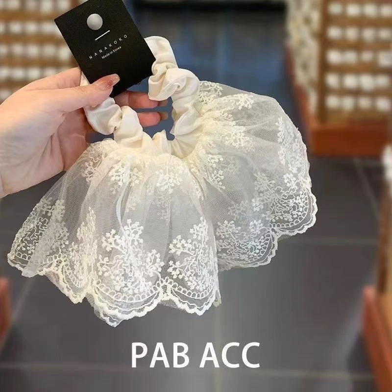 法式黑色蕾丝双层裙摆大肠发圈女气质扎马尾头花高级感丸子头发绳