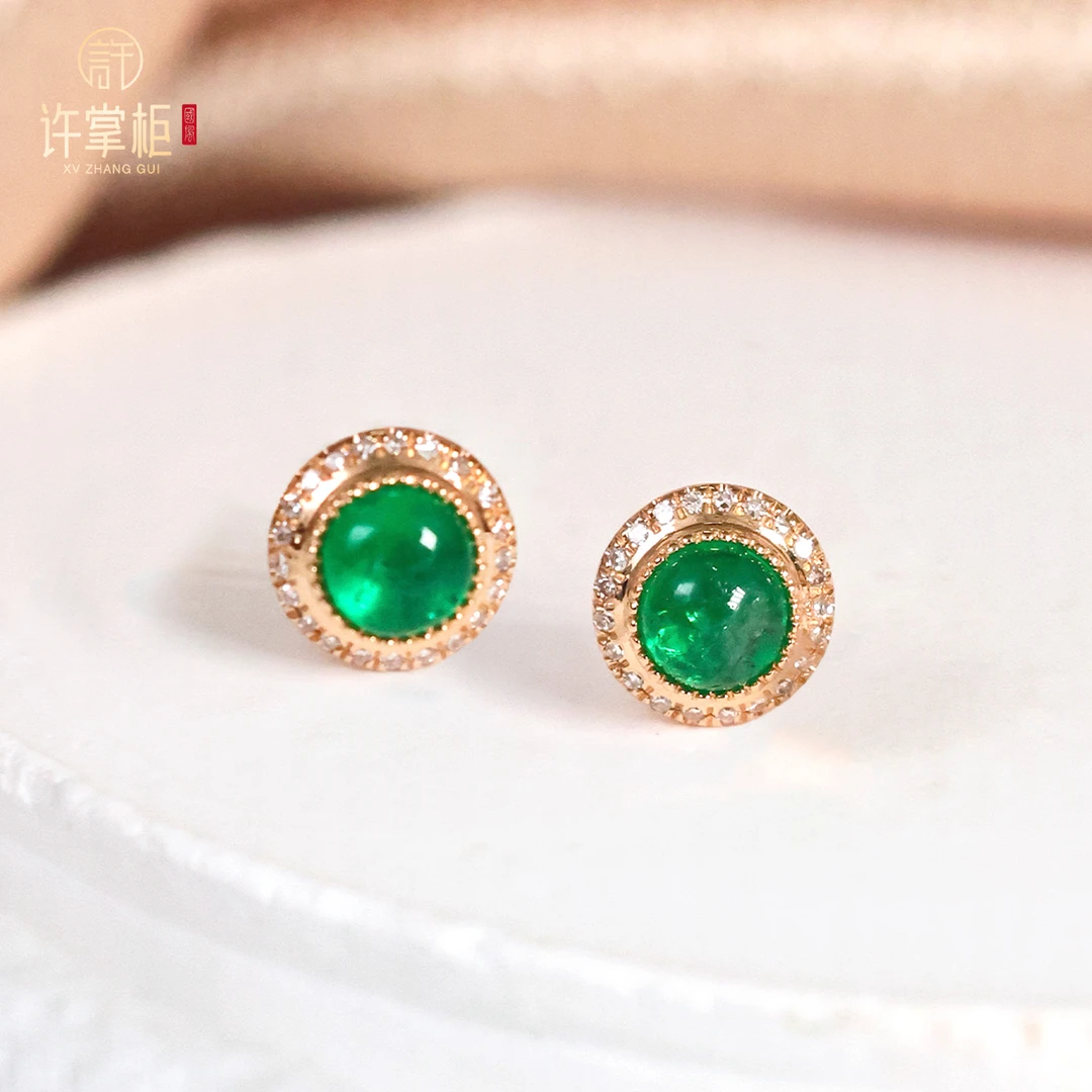 许掌柜｜18K金镶天然祖母绿耳钉蛋面配饰百搭精致经典气质优雅个性