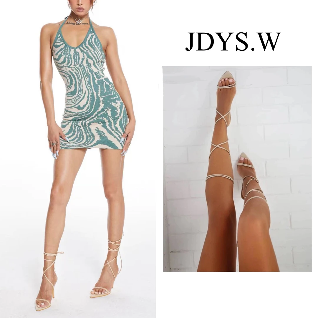 JDYS.W 辣妹性感绑带 8cm 尖头细跟绒面双带一字带高跟鞋