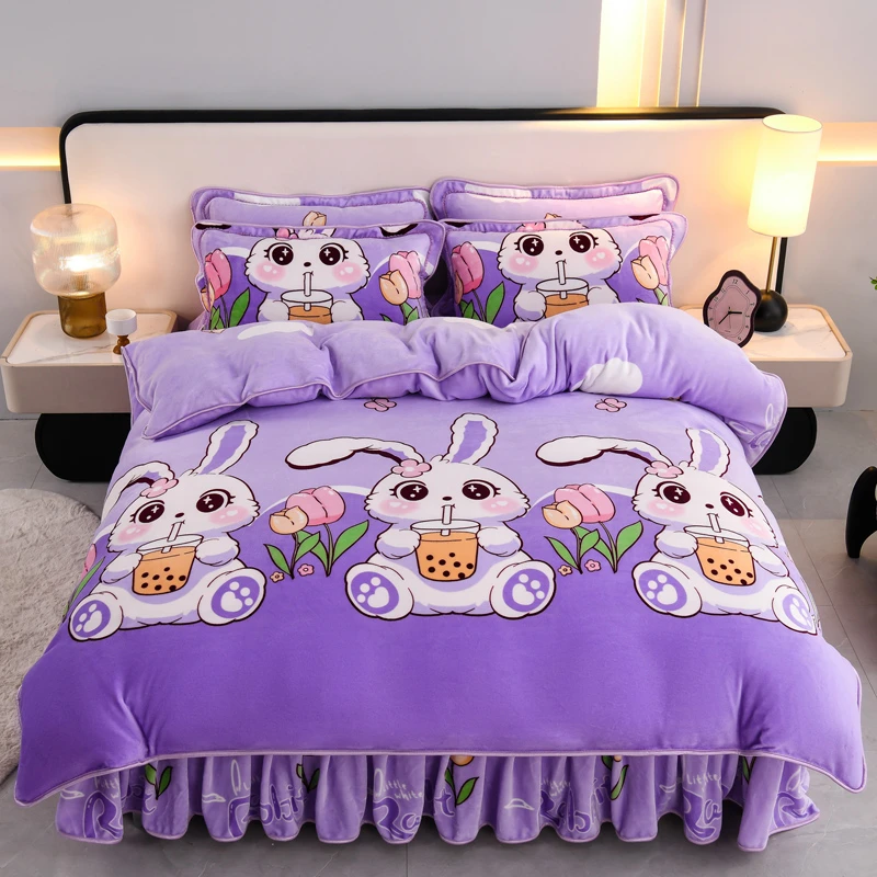 新款卡通风加厚牛奶绒四件套可爱双面加绒套件被套防静电床上用品