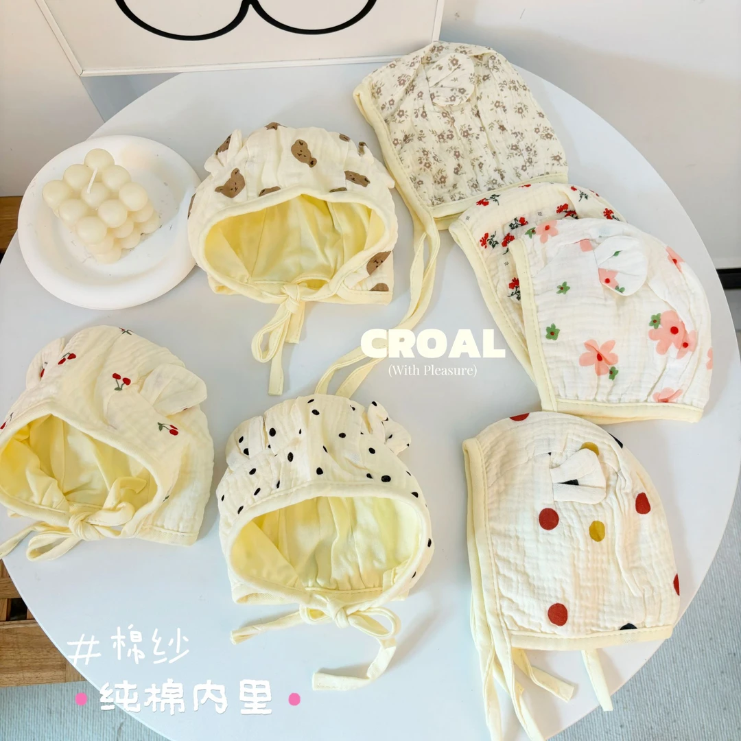 CROAL纯棉婴儿胎帽护耳帽 0-12个月新生儿宝宝可爱绑带外出帽子