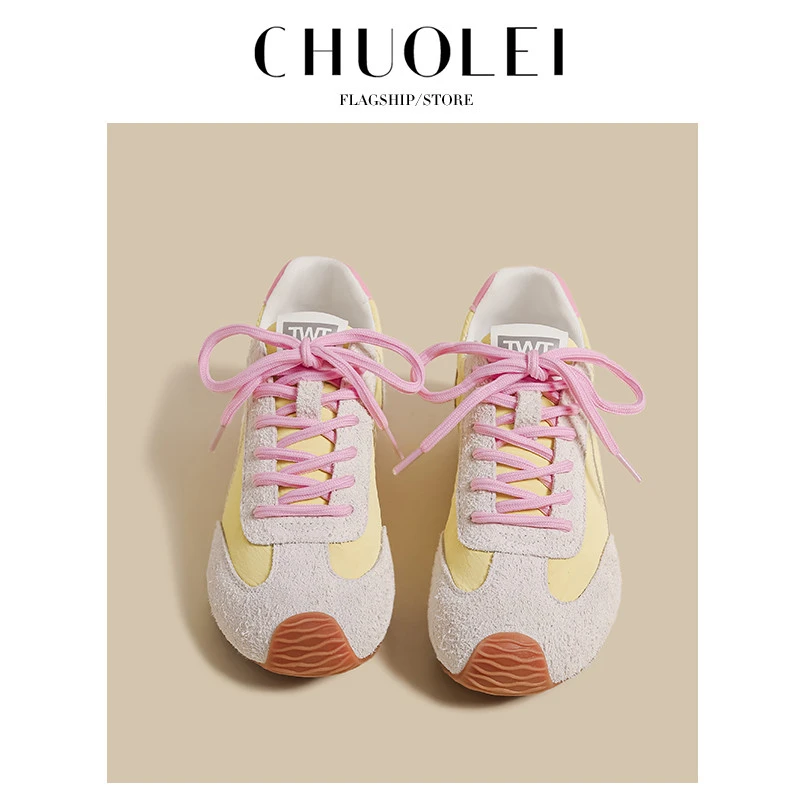 正品德训鞋女2025春季新款小白鞋平底拼色休闲阿甘运动跑步老爹鞋