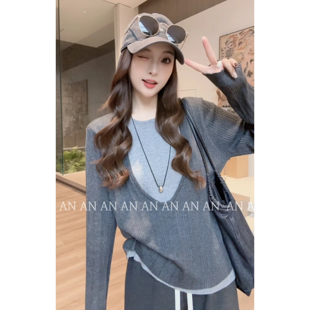 C08405初秋氛围感休闲通勤宽松套头撞色假两件拼接坑条针织衫