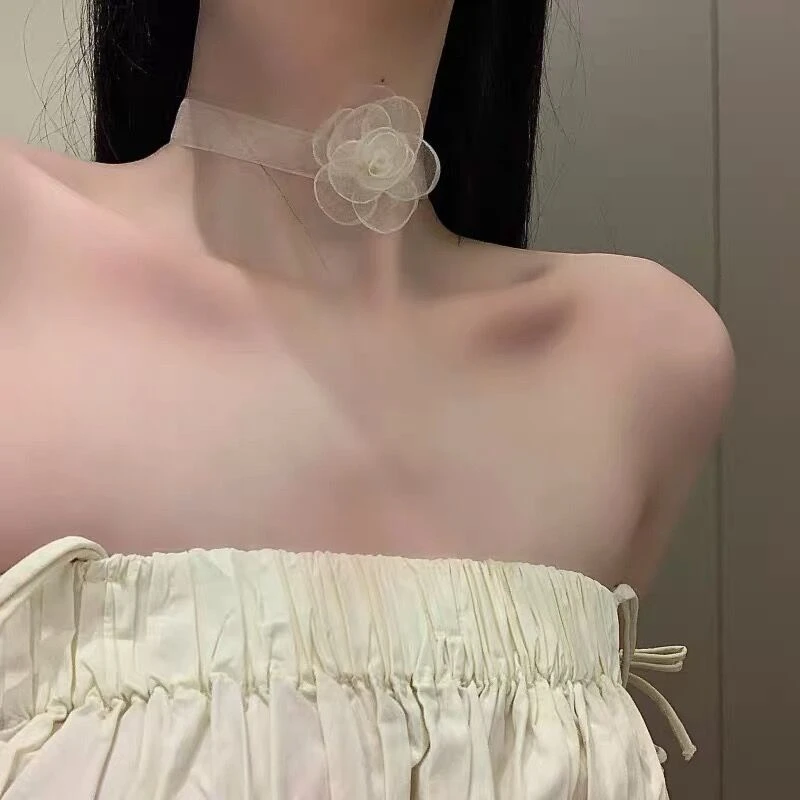 合金硅胶项链 山茶花项链绳女锁骨链脖颈链choker花朵项圈颈带脖