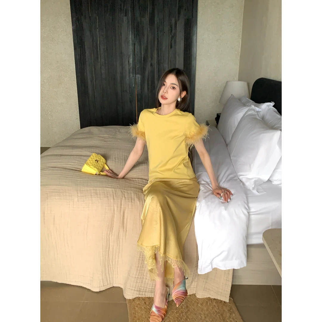 【欧尼的精致日常】25827 小众毛毛袖正肩T恤圆领显瘦百搭上衣