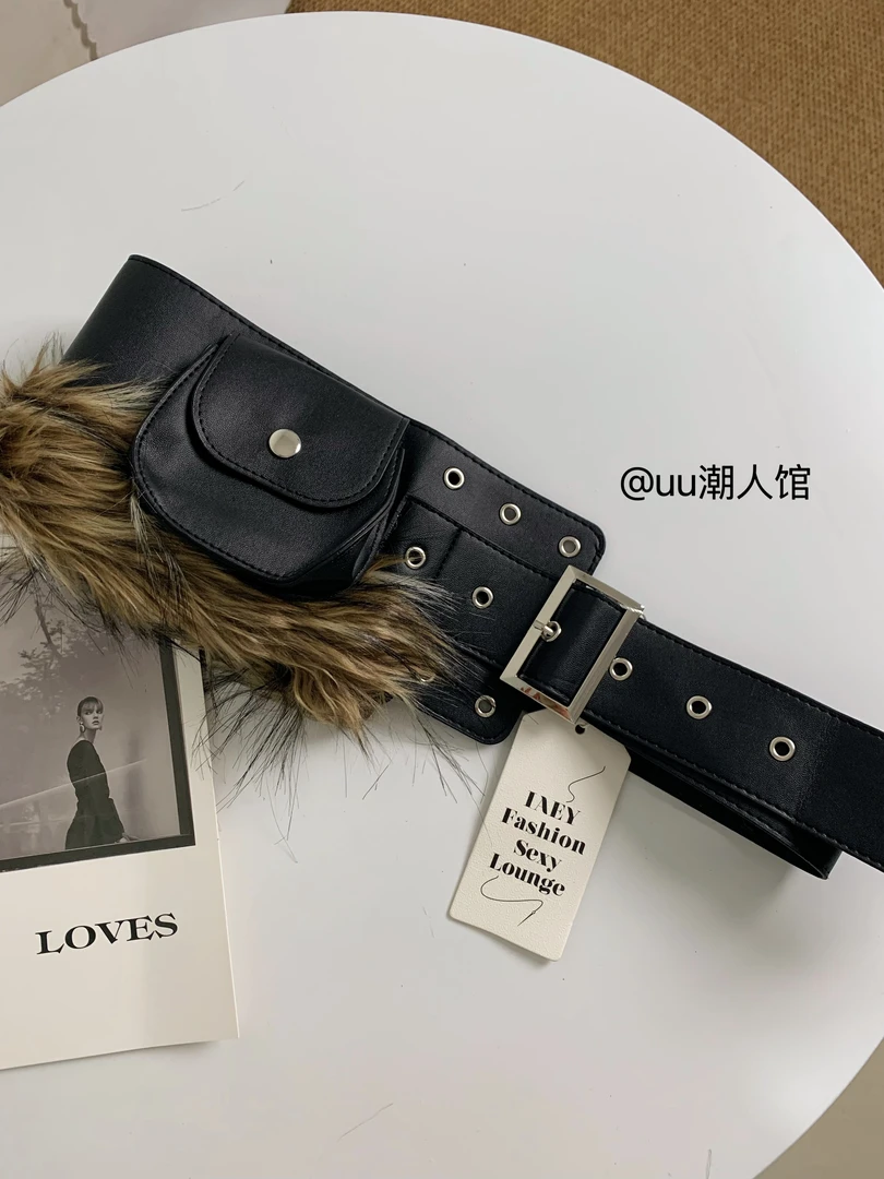 美式辣妹复古皮毛拼接黑色腰包女小众古着配饰pu皮毛毛腰带