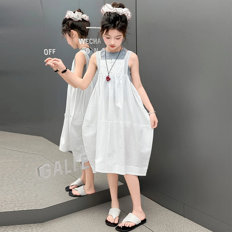 女童背心裙薄款套装2025夏季新款中大童洋气花边牛仔直筒裤连衣裙