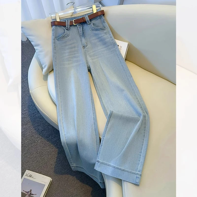 拉夏贝尔浅色阔腿牛仔裤女夏2025新款时尚显瘦拖地裤高街直筒裤女