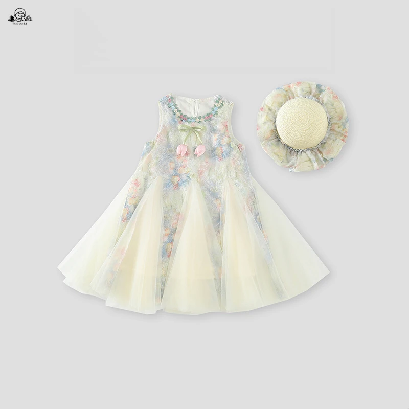 2025新款夏季郁金香花朵网纱儿童无袖纯色刺绣镂花甜美田园连衣裙