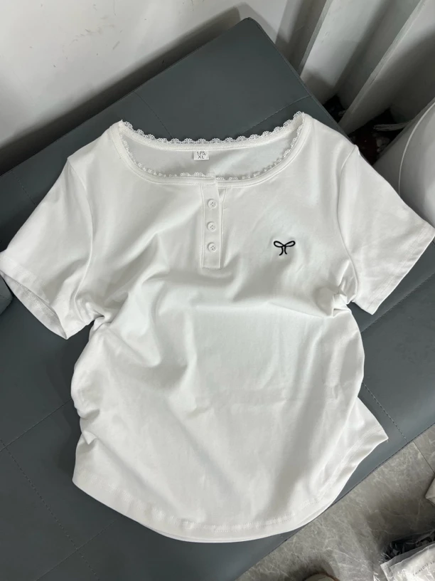 321新品蕾丝边蝴蝶结短袖女