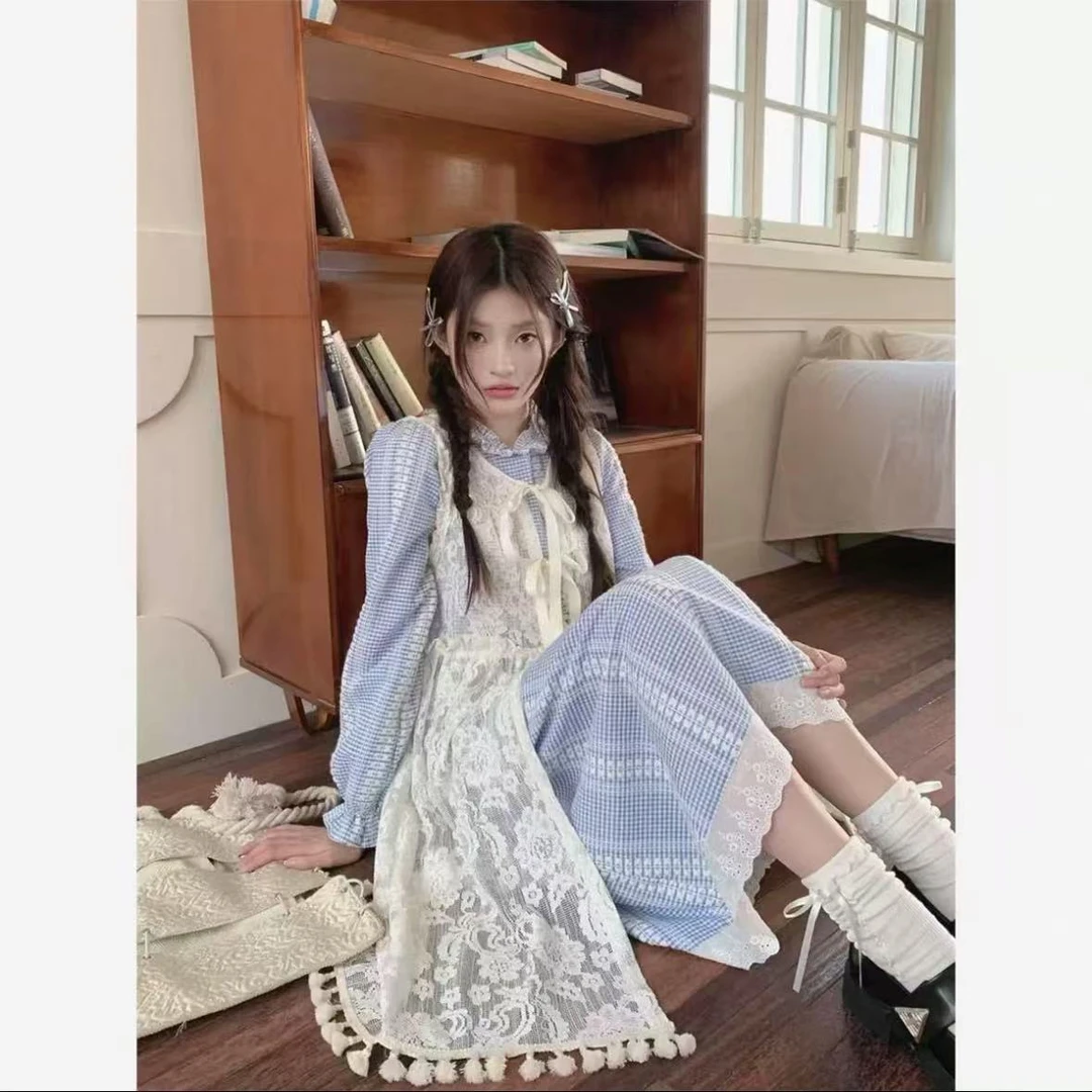 7036 春新款原创小众超好看格子长袖连衣裙套装