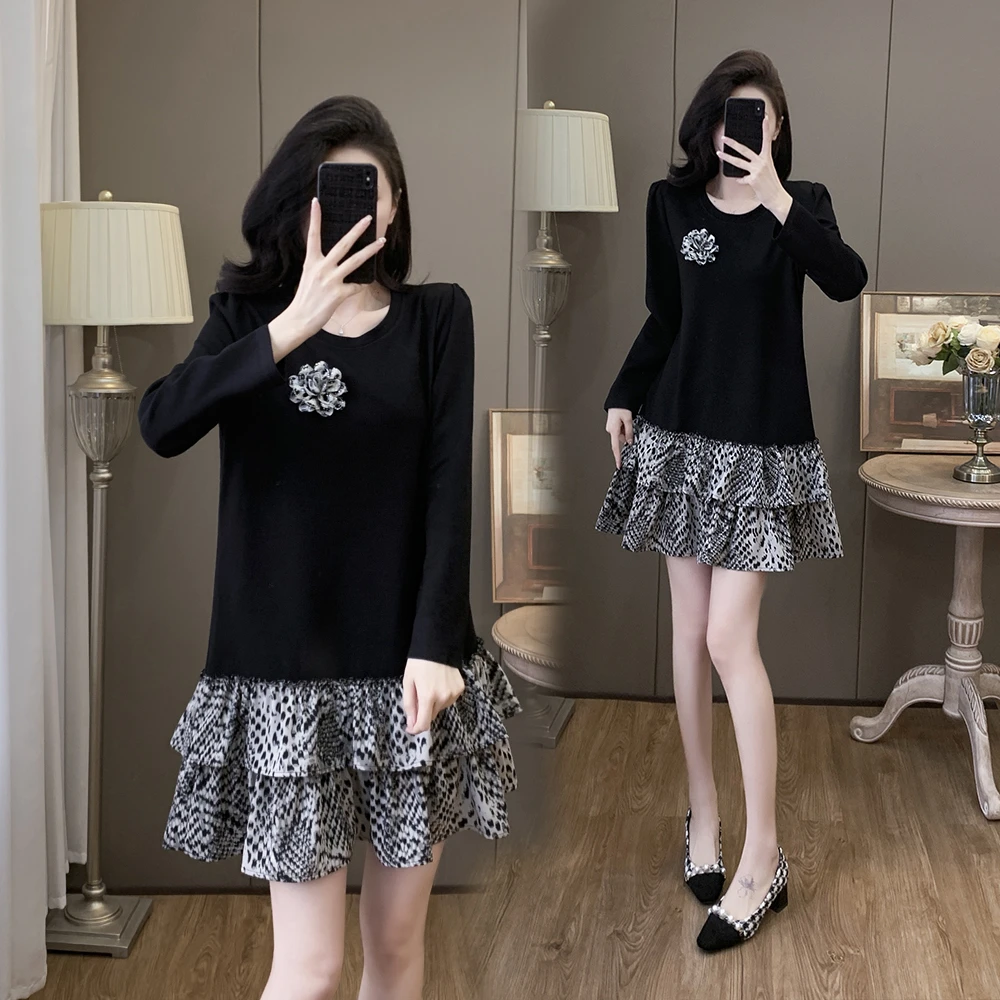 大码拼接连衣裙2025春新款气质显瘦玫瑰花朵中长裙