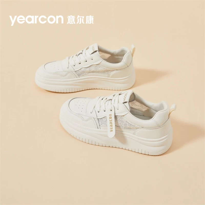 意尔康板鞋女2025新款夏季透气厚底潮流休闲网面爆款蕾丝边小白鞋