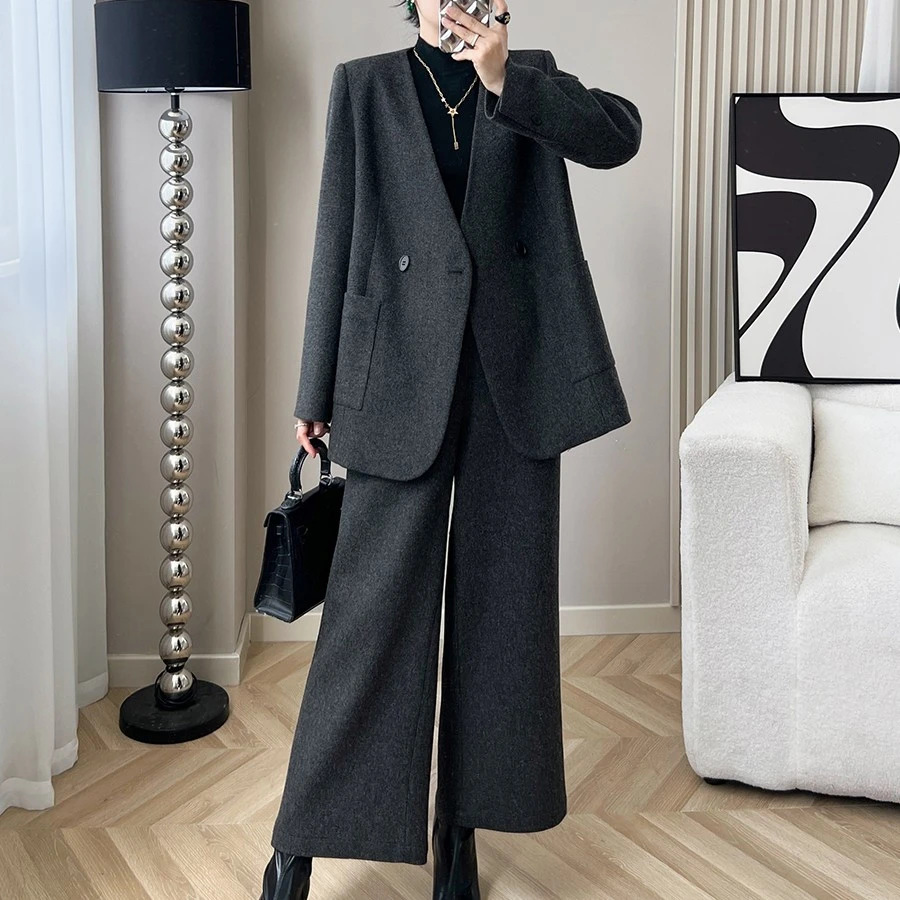2025秋季新款时尚干练休闲简约通勤职场宽松毛呢外套直筒裤两件套