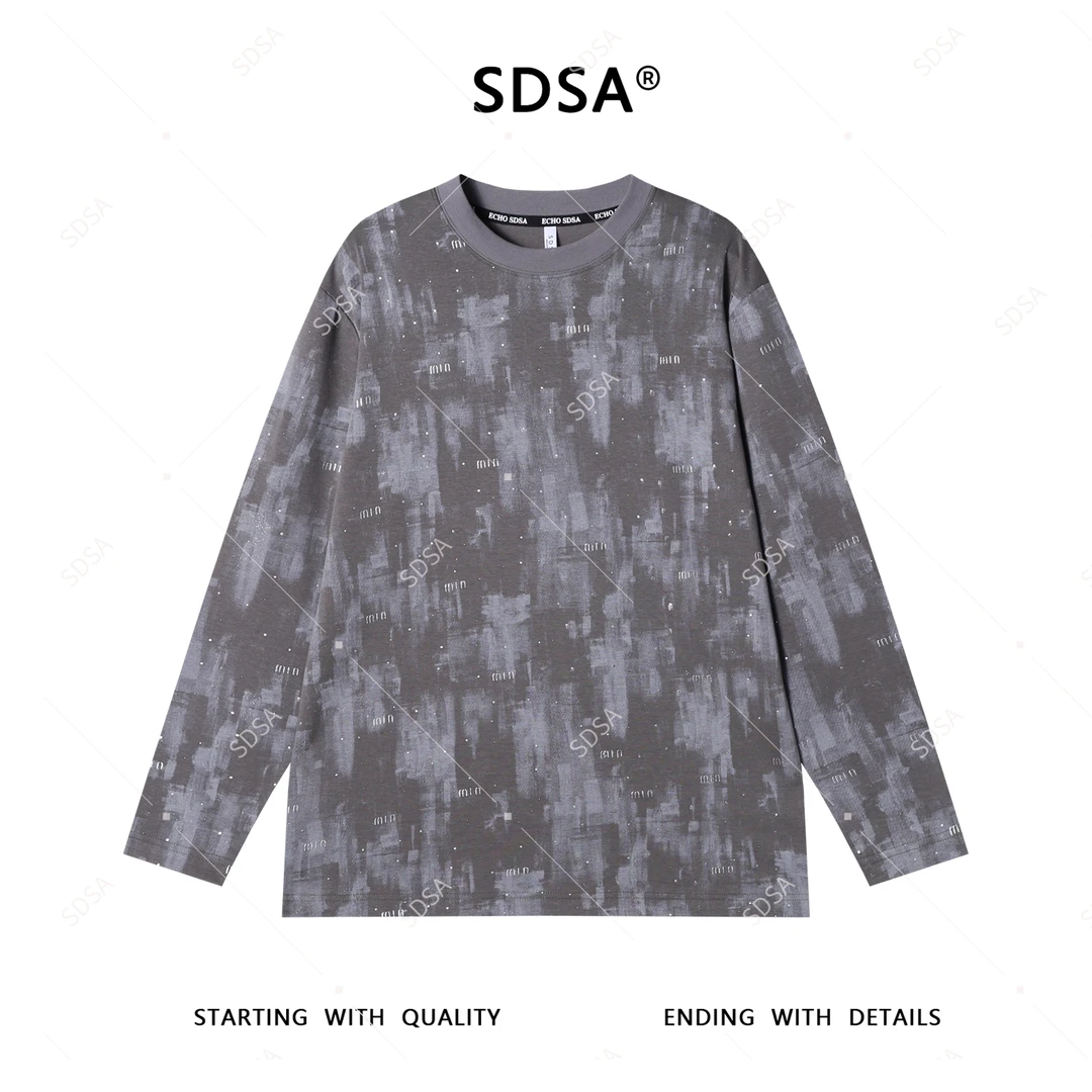 SDSA秋季新款男士痞帅美式扎染撞色滴胶字母圆领长袖T恤高级感