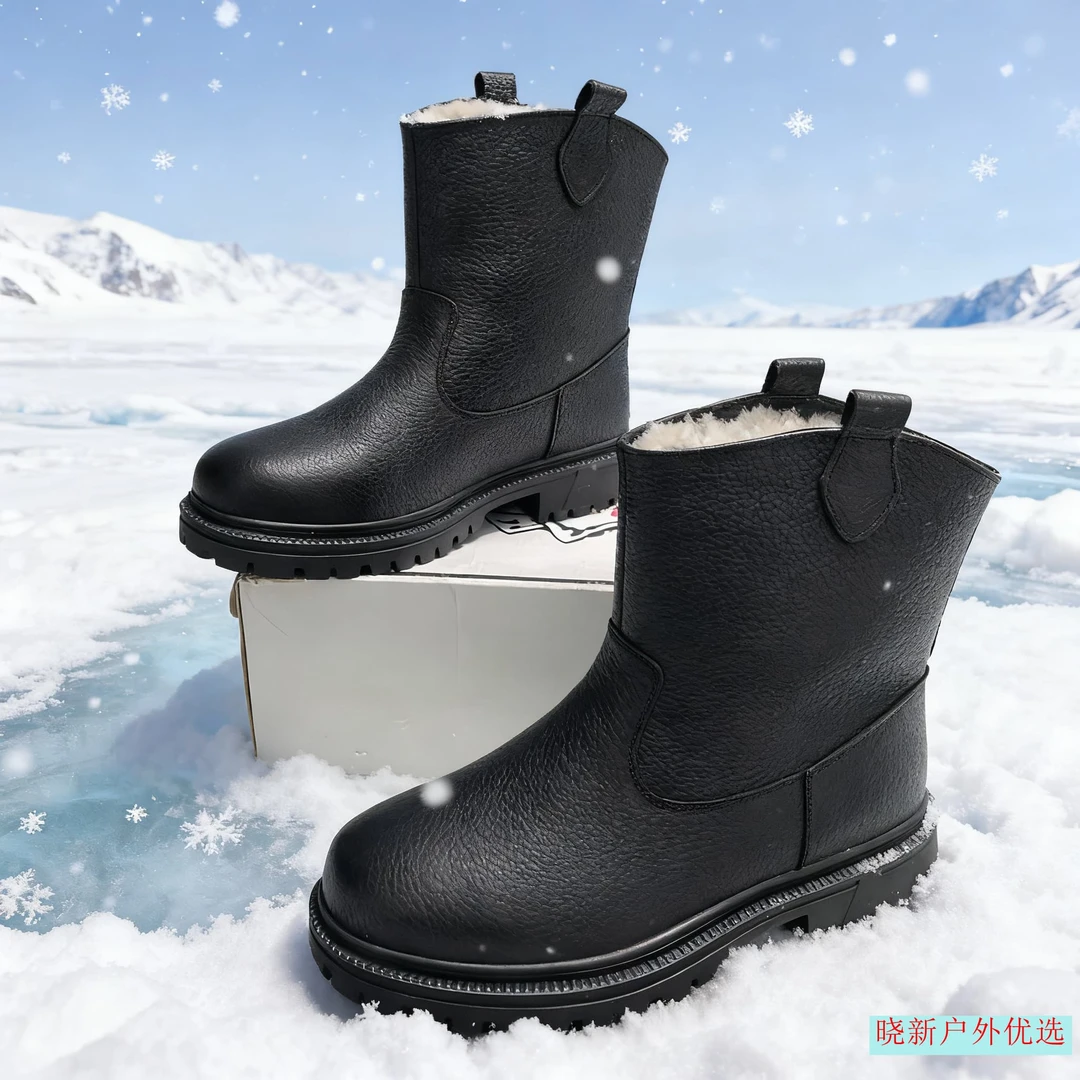 【印花牛皮】羊皮毛一体东北男款冬季保暖防滑雪地靴加羊毛厚底短靴