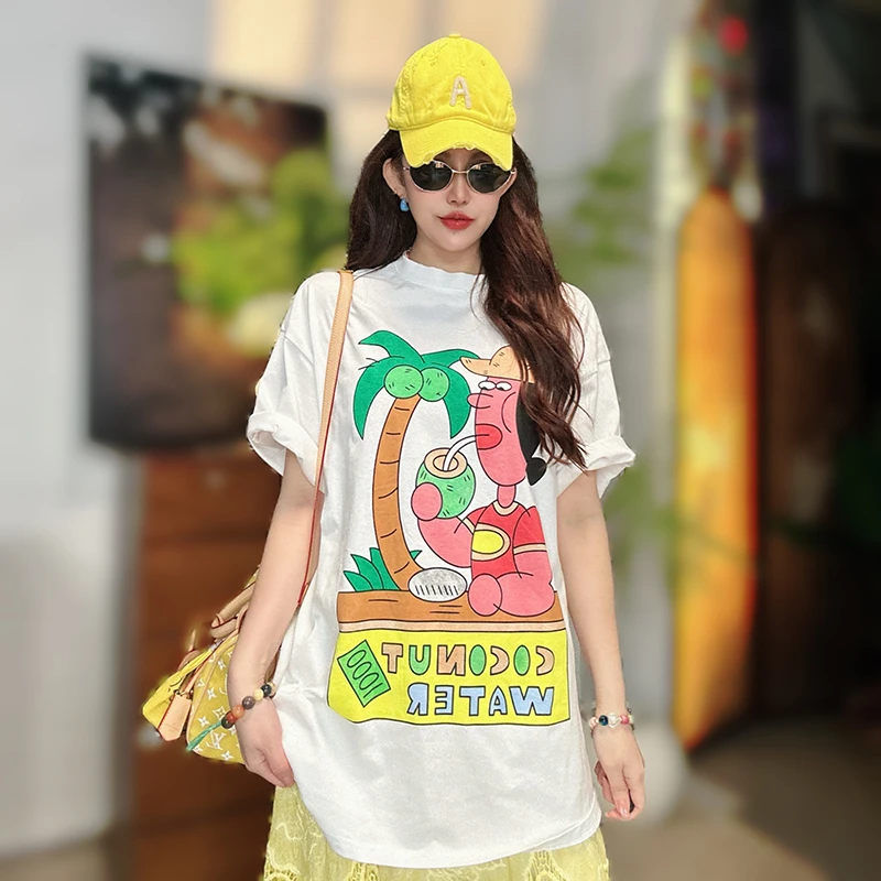 春装新款时尚圆领短袖卡通T恤女休闲韩版印花宽松潮流中长款上衣1