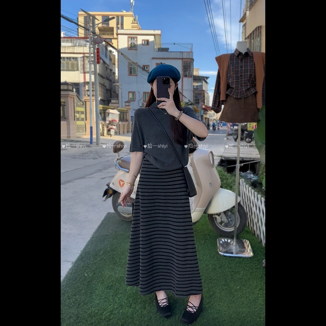 拾一 假日舞会 高级感松紧腰条纹半身裙