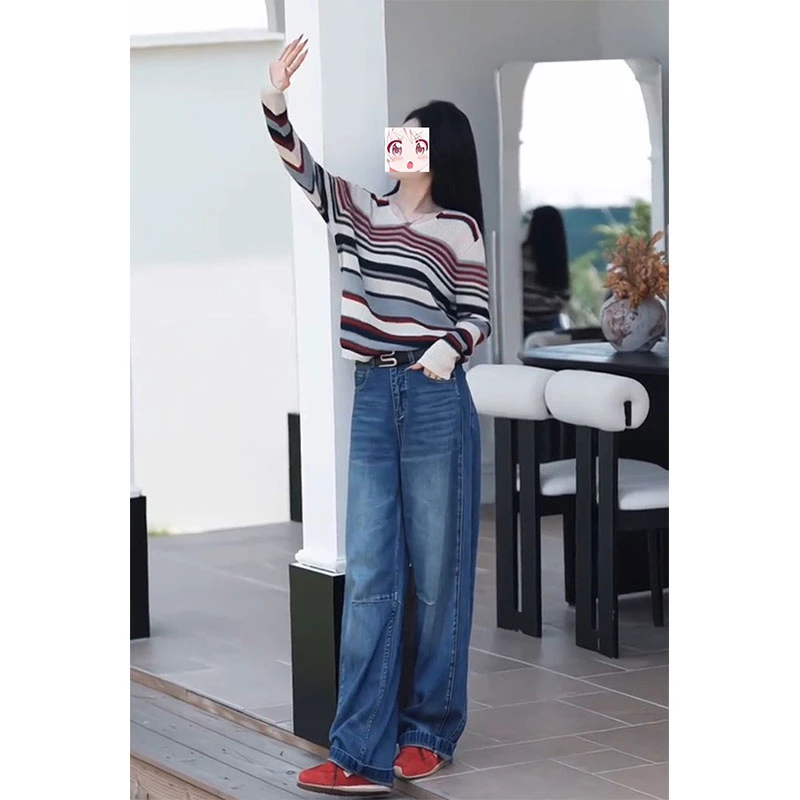 韩版时尚气质减龄条纹V领长袖针织衫高腰百搭牛仔裤子秋季两件套