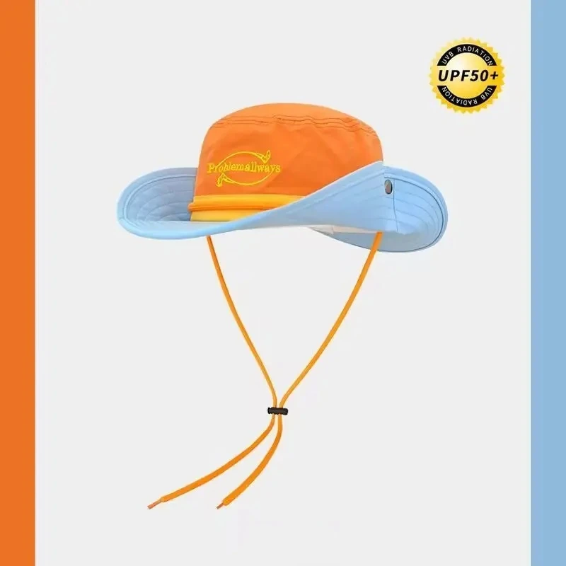 字母刺绣撞色登山帽子女夏户外徒步抽绳西部牛仔防晒帽大檐渔夫帽