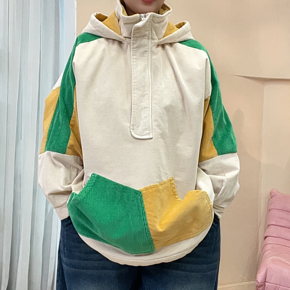 1012韩国东大门新款拼色连帽大版套头棉衣棉服女