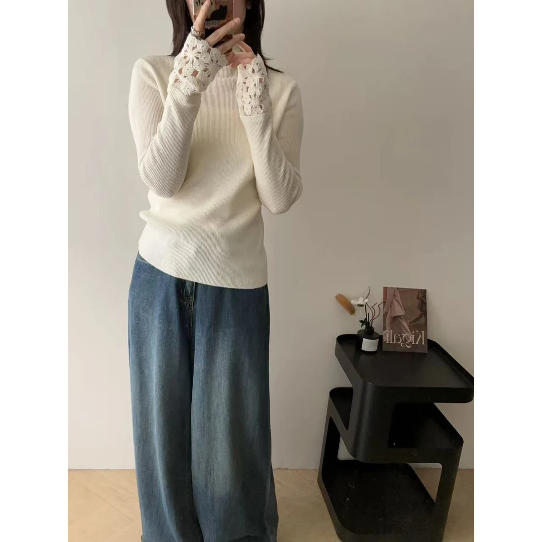 蜗牛家女款网红针织衫针织修身毛针织衫套头常规款花边袖111401