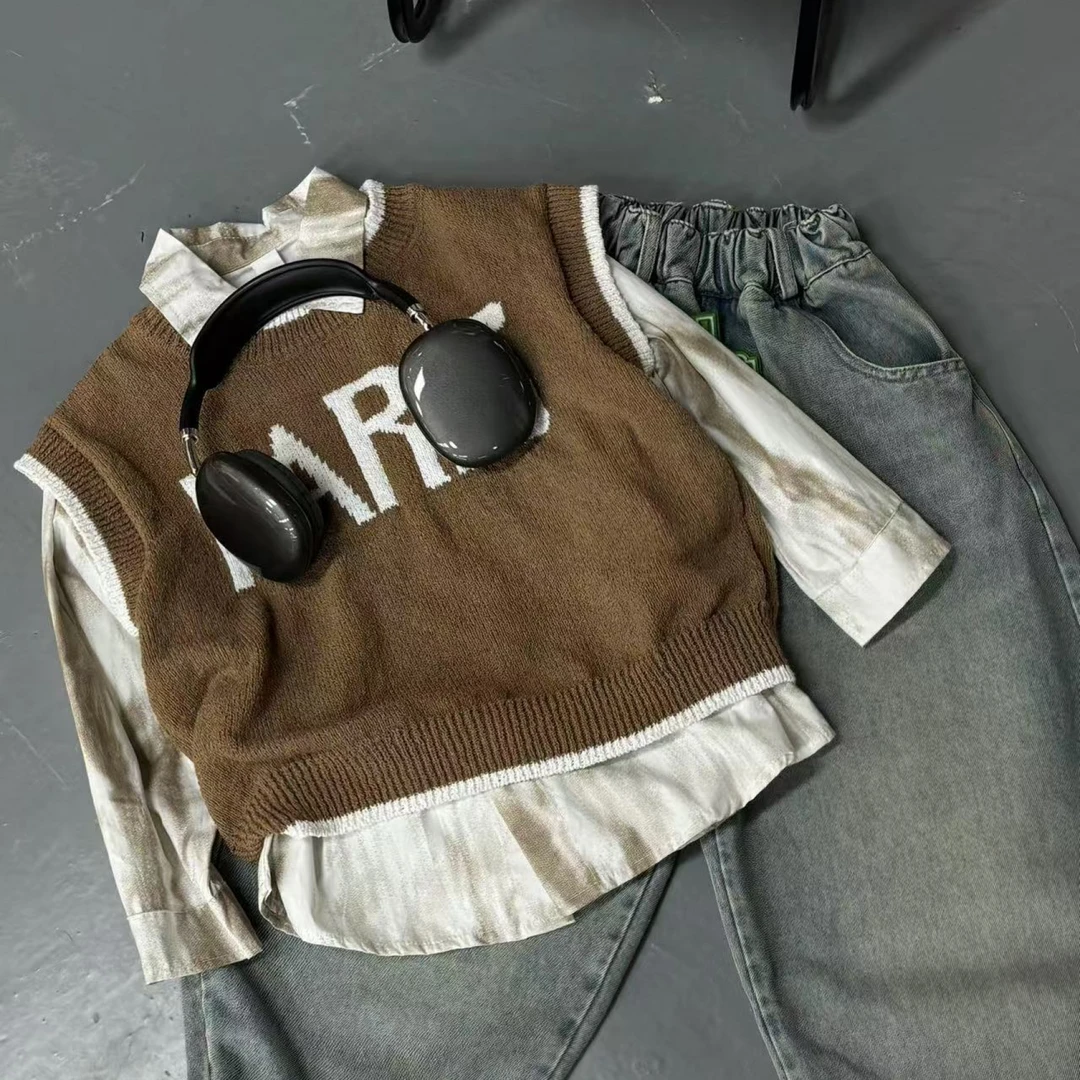 喜 2025【X】3月4日  儿童时尚卡其色马甲衬衫两件套8319-