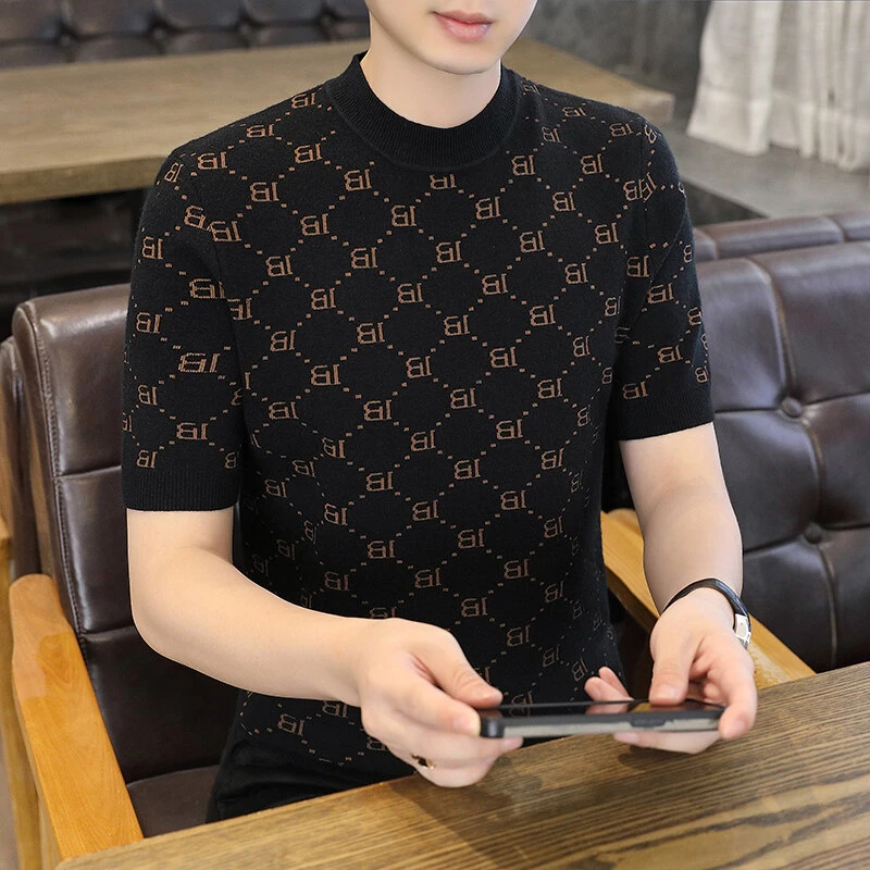 【高品质】帅气针织T恤春新款针织短袖圆领套头毛衣男时尚百搭6801