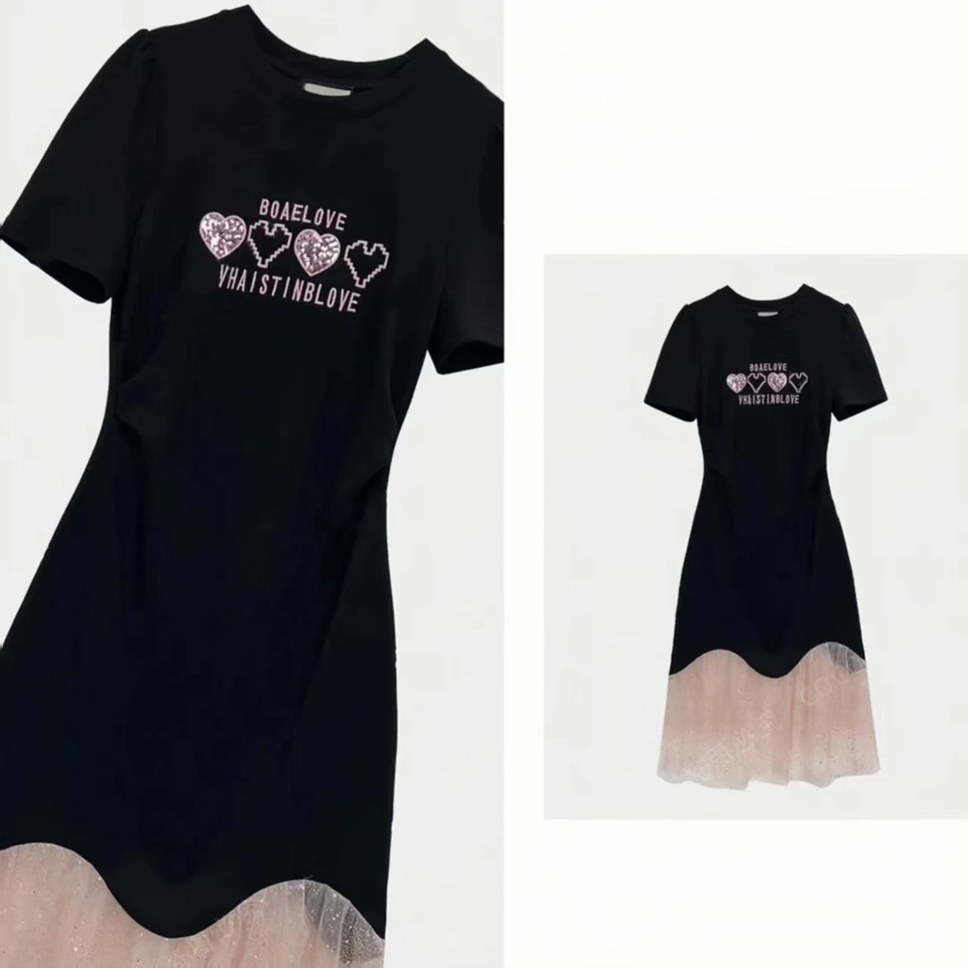 新款重工烫砖设计原创女装拼接褶皱收腰显瘦减龄夏日连衣裙