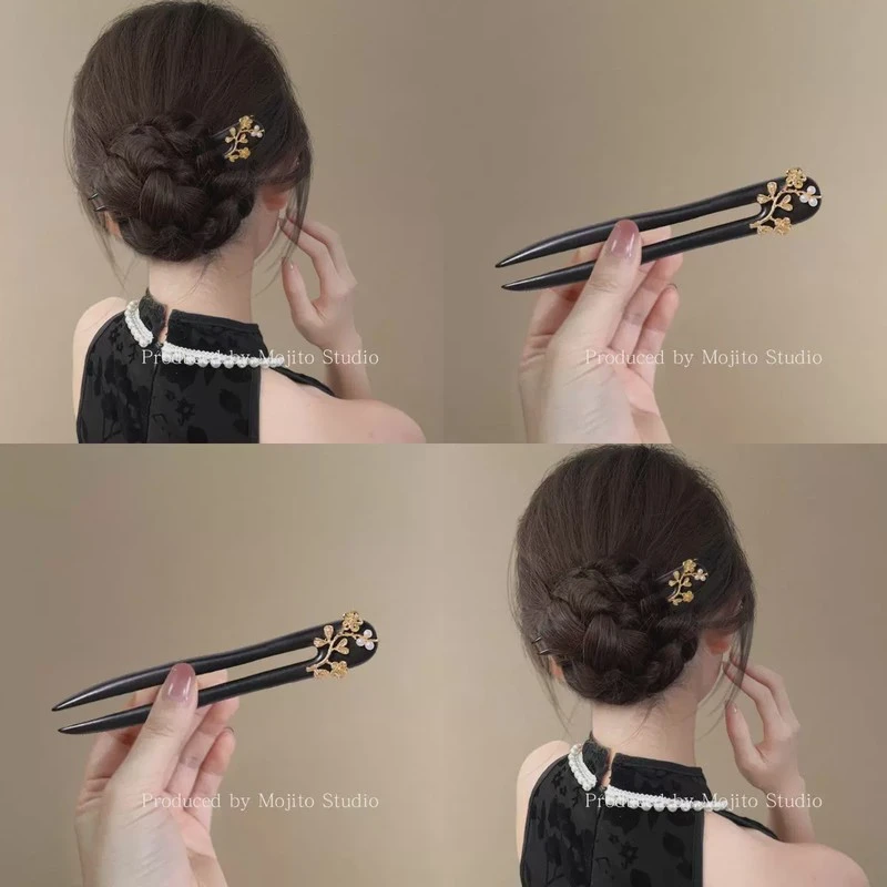 织月~新中式u型发簪黑檀木珍珠发钗2025新款气质古风盘发U型发簪