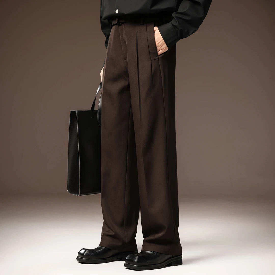 高端老钱风压褶设计垂感直筒西裤男秋季新款免烫高腰休闲西装裤子