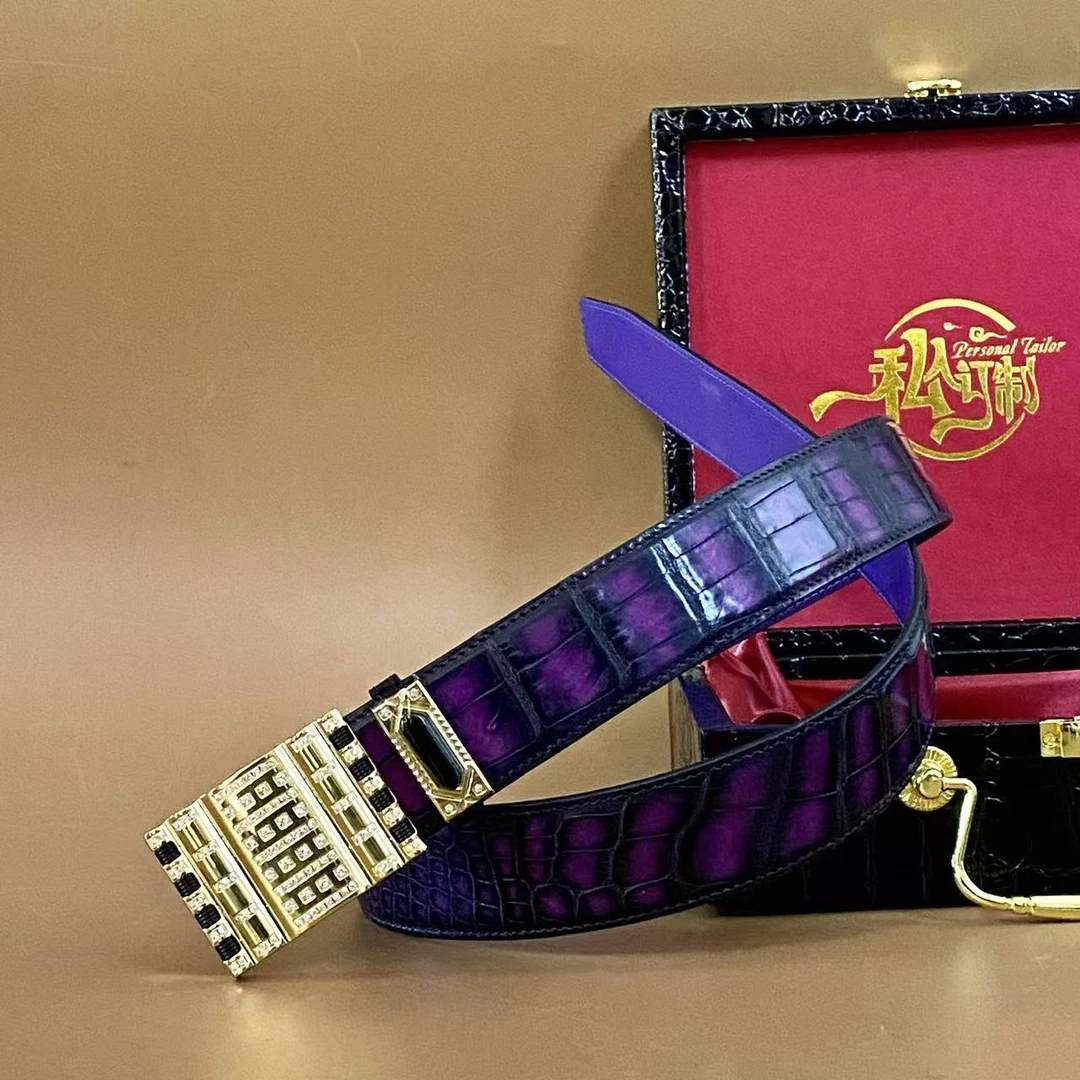 凌翰家高端鳄鱼皮美洲鳄手工擦色男士腰带紫色