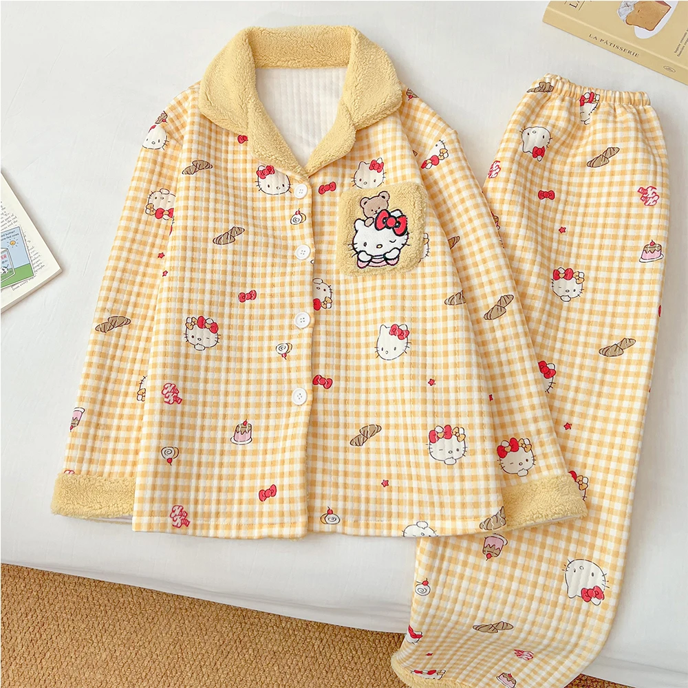 运补【黄格KT猫】秋冬空气棉夹层长袖女款秋季冬季保暖睡衣家居服