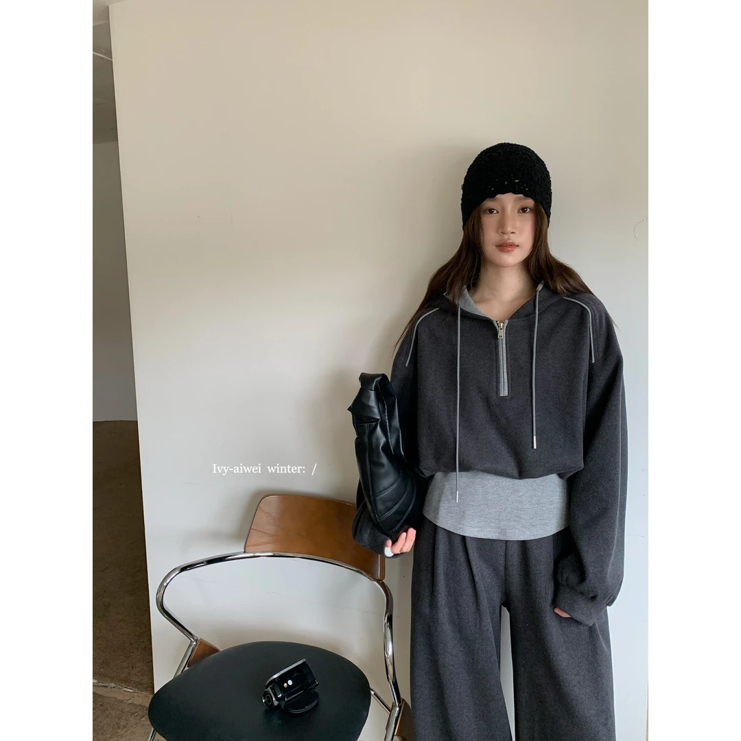 韩系休闲连帽假两件卫衣+松紧腰阔腿休闲裤套装83069秋冬灰色
