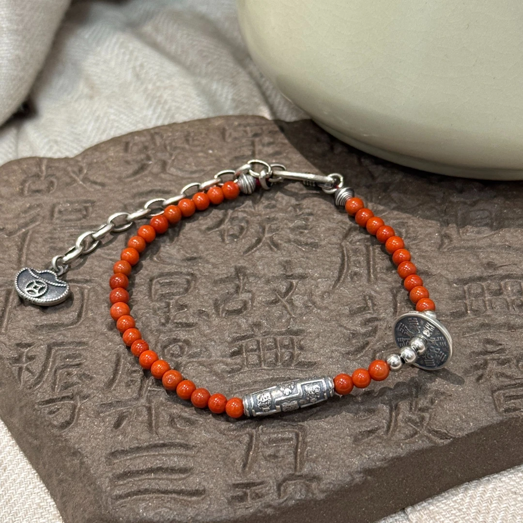 <一禅兄>S925银南红小圆珠山鬼扎基元宝尾坠手链复古百搭约16+5CM