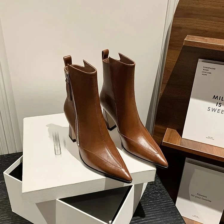 牛皮版~2024新款时尚尖头侧拉链穿脱女鞋高跟百搭气质女神款短靴