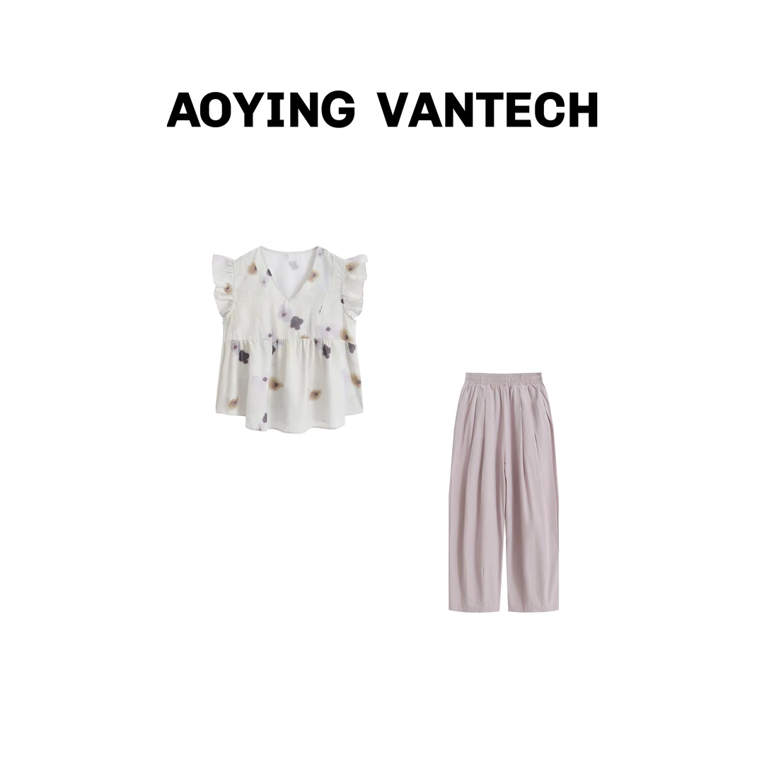 AOYING VANTECH【芋泥波波】甜美晕染花朵衬衣+香芋粉休闲裤套装