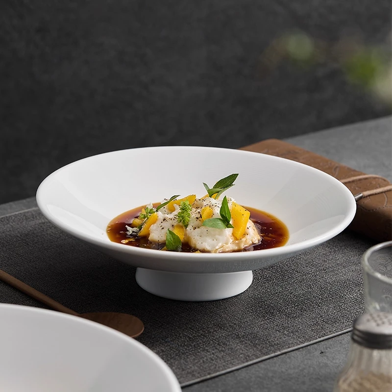 高级感菜盘子深盘家用高脚汤盘圆盘酒店中式高颜值餐具创意沙拉盘