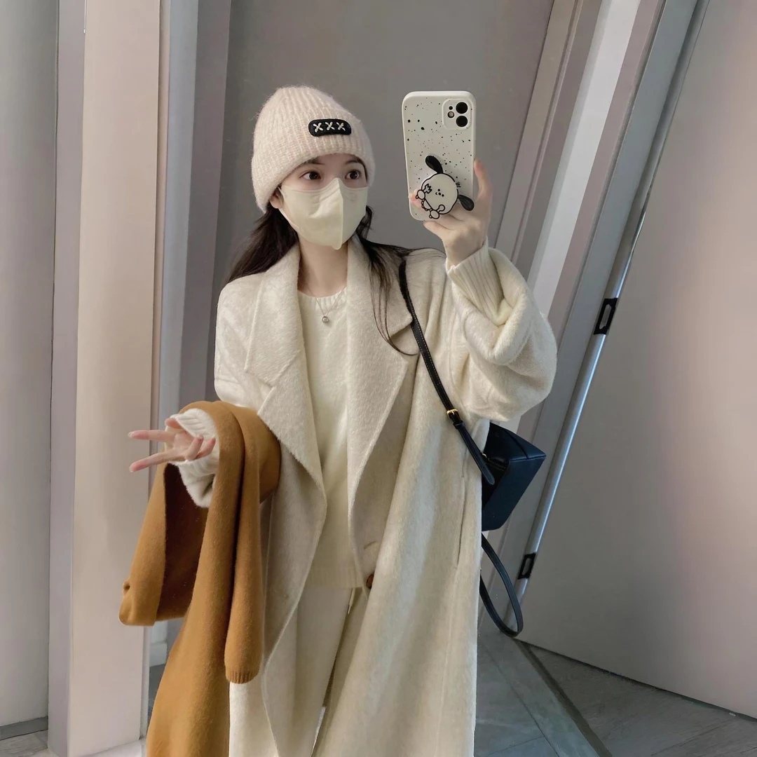 燕麦色双面呢子羽绒大衣女2025秋冬装新款宽松气质小个子毛呢外套