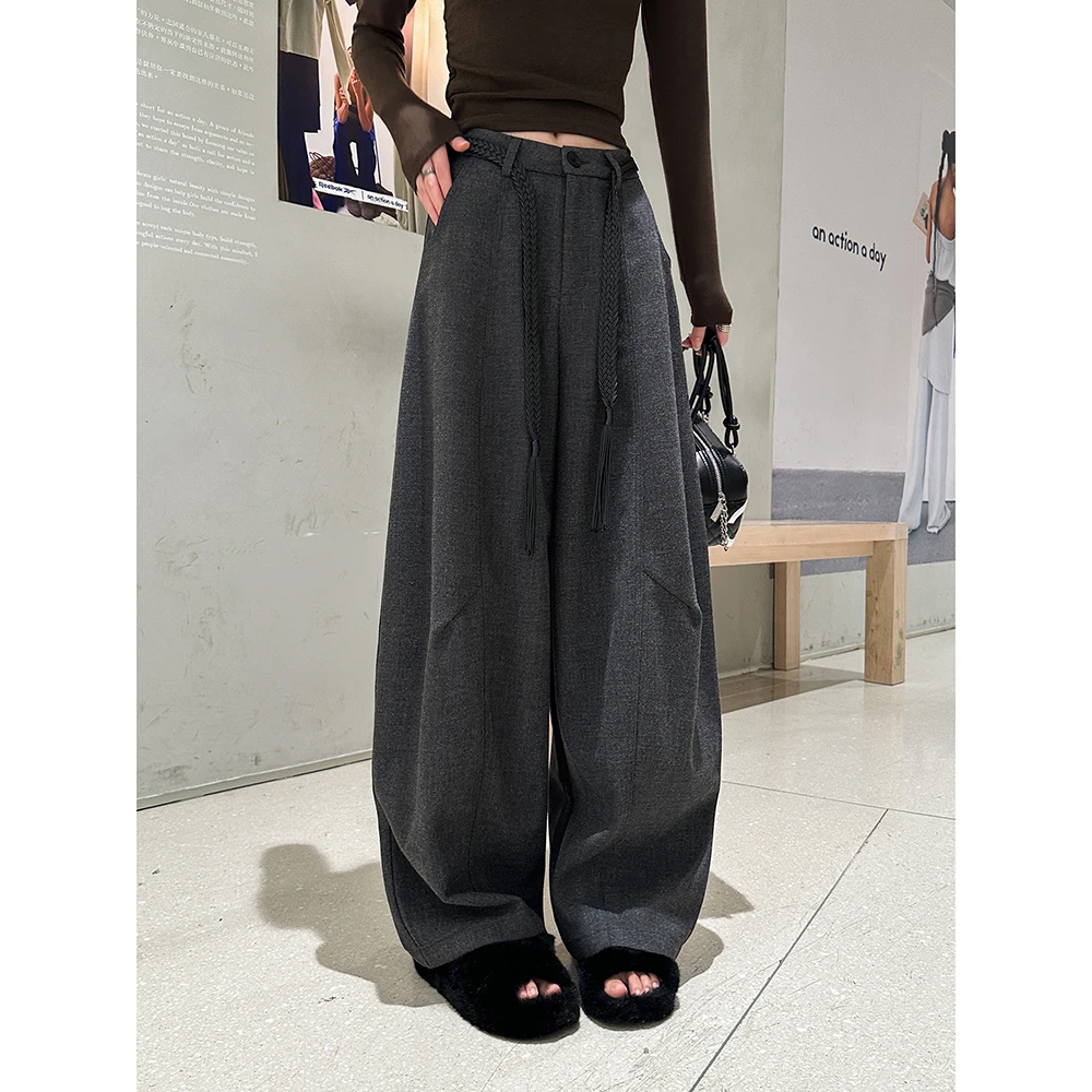 动感少女毛呢弯休闲裤女2025秋季韩版高腰宽松阔腿裤拖地长裤子潮