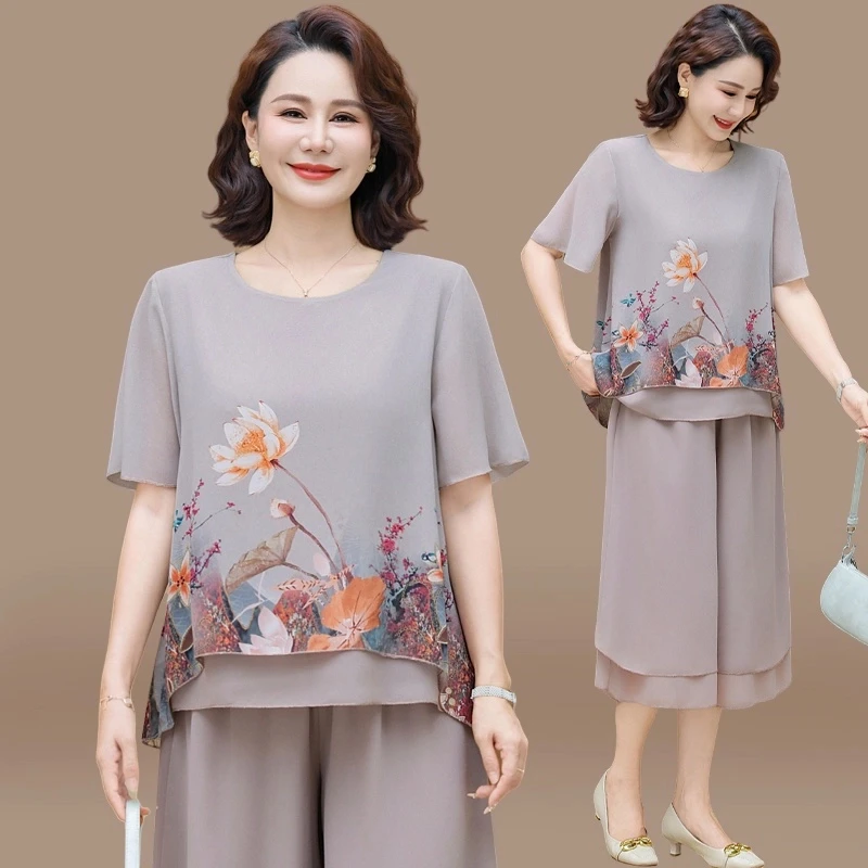 中年妈妈装夏套装中老年短袖女2025新款夏季端庄大气雪纺小衫上衣