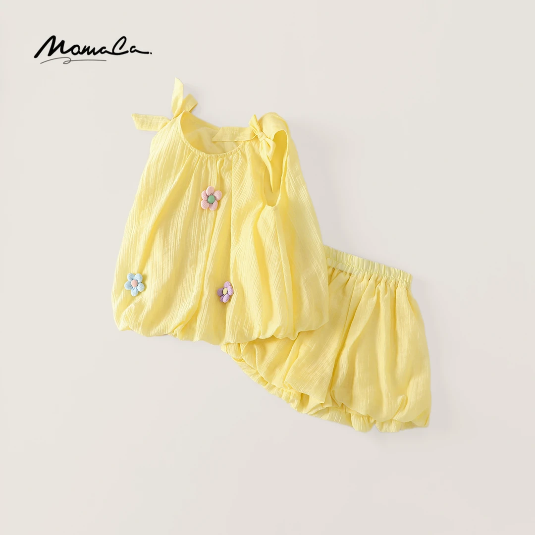 MOMOCO新款女童夏季欧若风黄色可爱蝴蝶结花苞裤套装77620580044