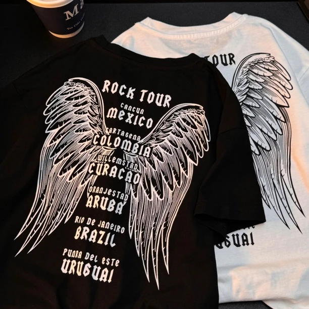 （实体清版）童装夏日潮流天使翅膀印花短袖中大童纯棉圆领