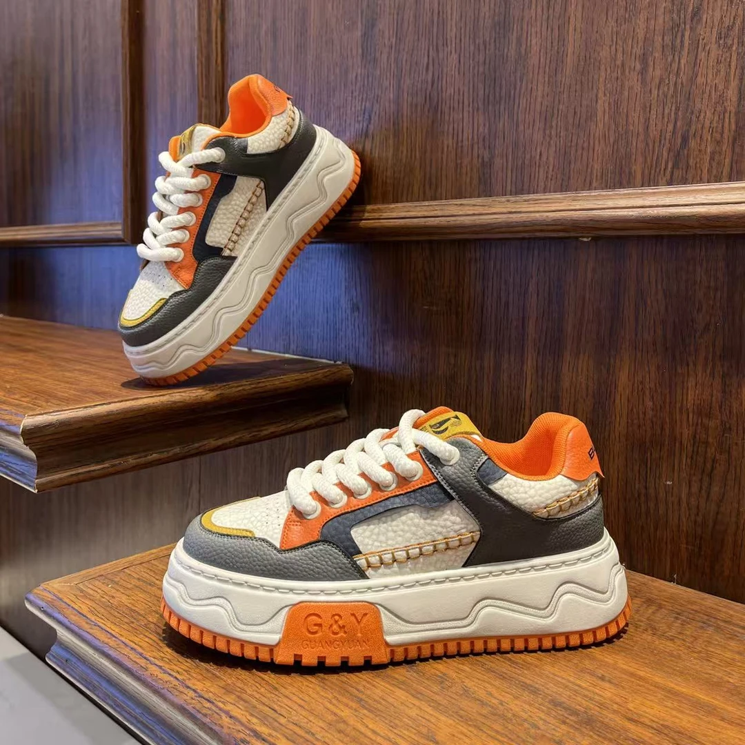 男鞋百搭拼色厚底复古风做旧厚底休闲板鞋低帮潮流小众男生鞋子