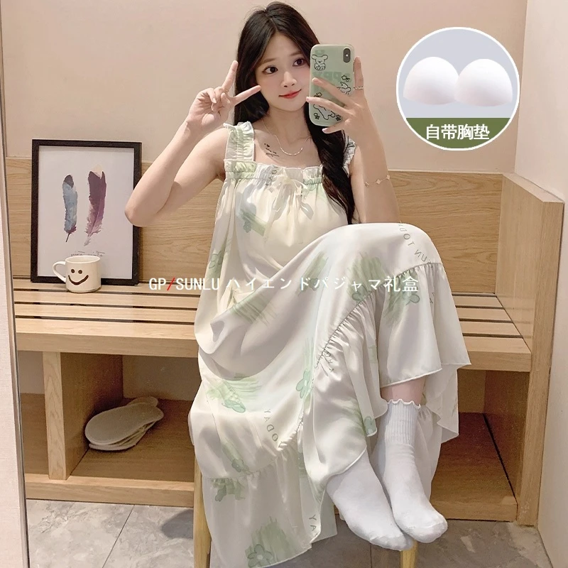 gpsunlu冰丝吊带睡裙女夏季甜美带胸垫睡衣凉感碎花可外穿家居服