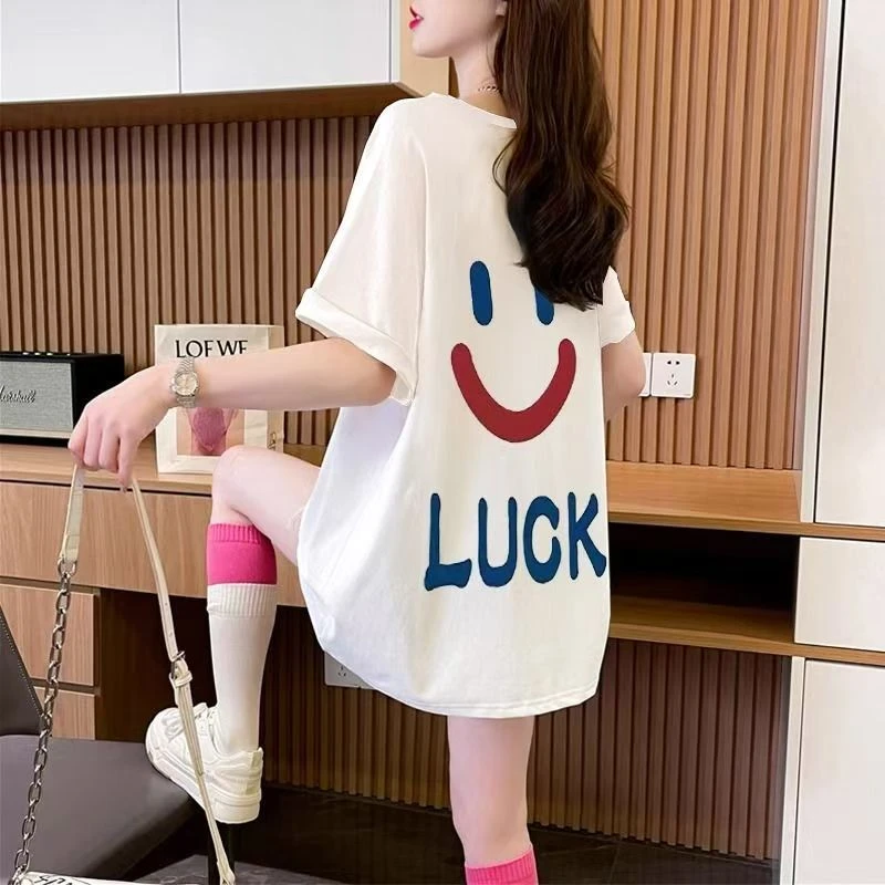 夏季纯棉白色短袖t恤女宽松显瘦中长款半袖美式设计感小众上衣