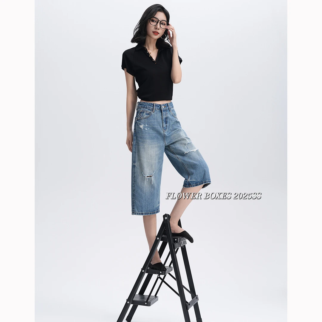 花匣子牛仔裤官方旗舰店2025夏季新款蓝色破洞爆款中裤休闲66517