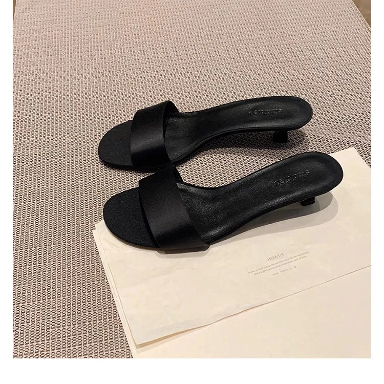 极简风气质真丝一字带高跟鞋小猫跟真皮凉拖鞋女夏款