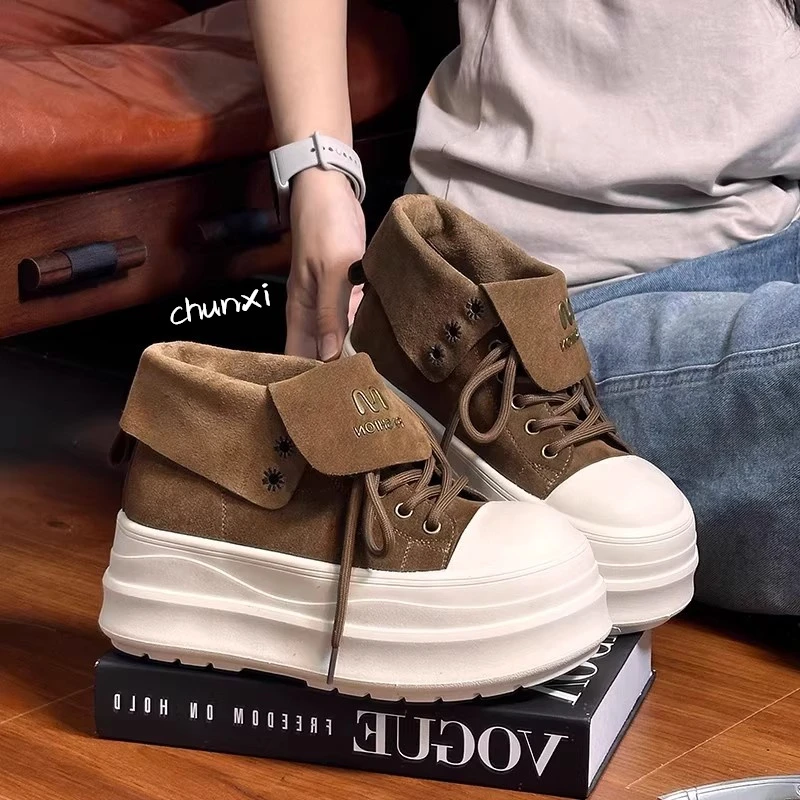 复古翻领系带厚底马丁靴女2025秋季新款小个子增高休闲松糕底短靴